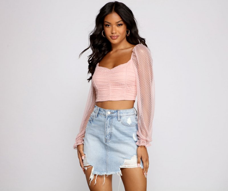 TableClothsUs Simple And Sweet Mesh Polka Dot Crop Top