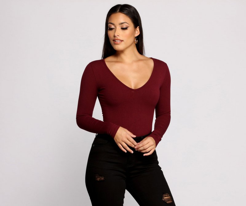 TableClothsUs Basic Long Sleeve V-Neck Bodysuit