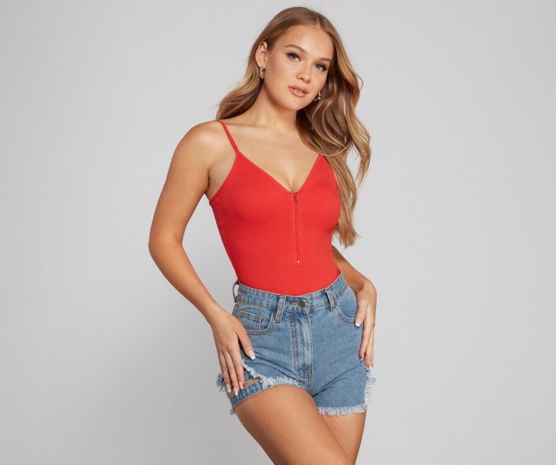 TableClothsUs Basic Zip-Front Ribbed Knit Bodysuit